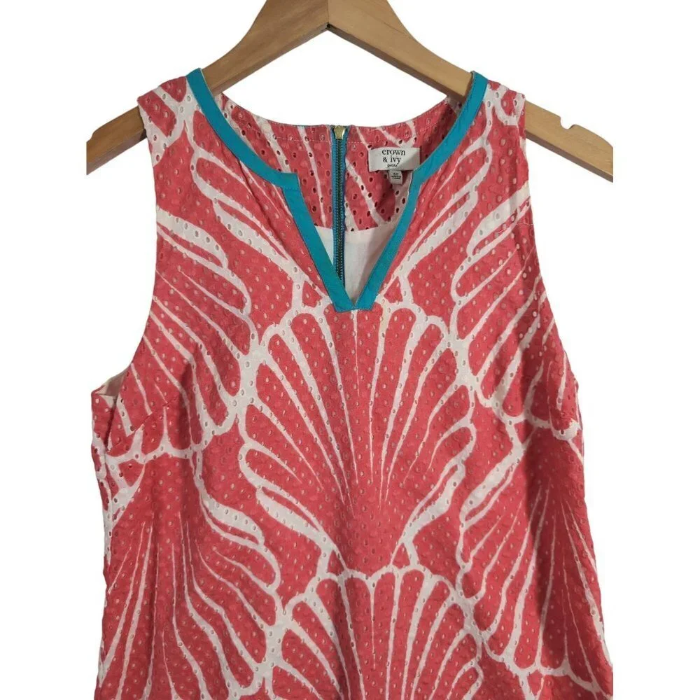 Crown & Ivy Shift Dress‎ Womens 6 Petite Coral Blue Shell Design Sleeveless